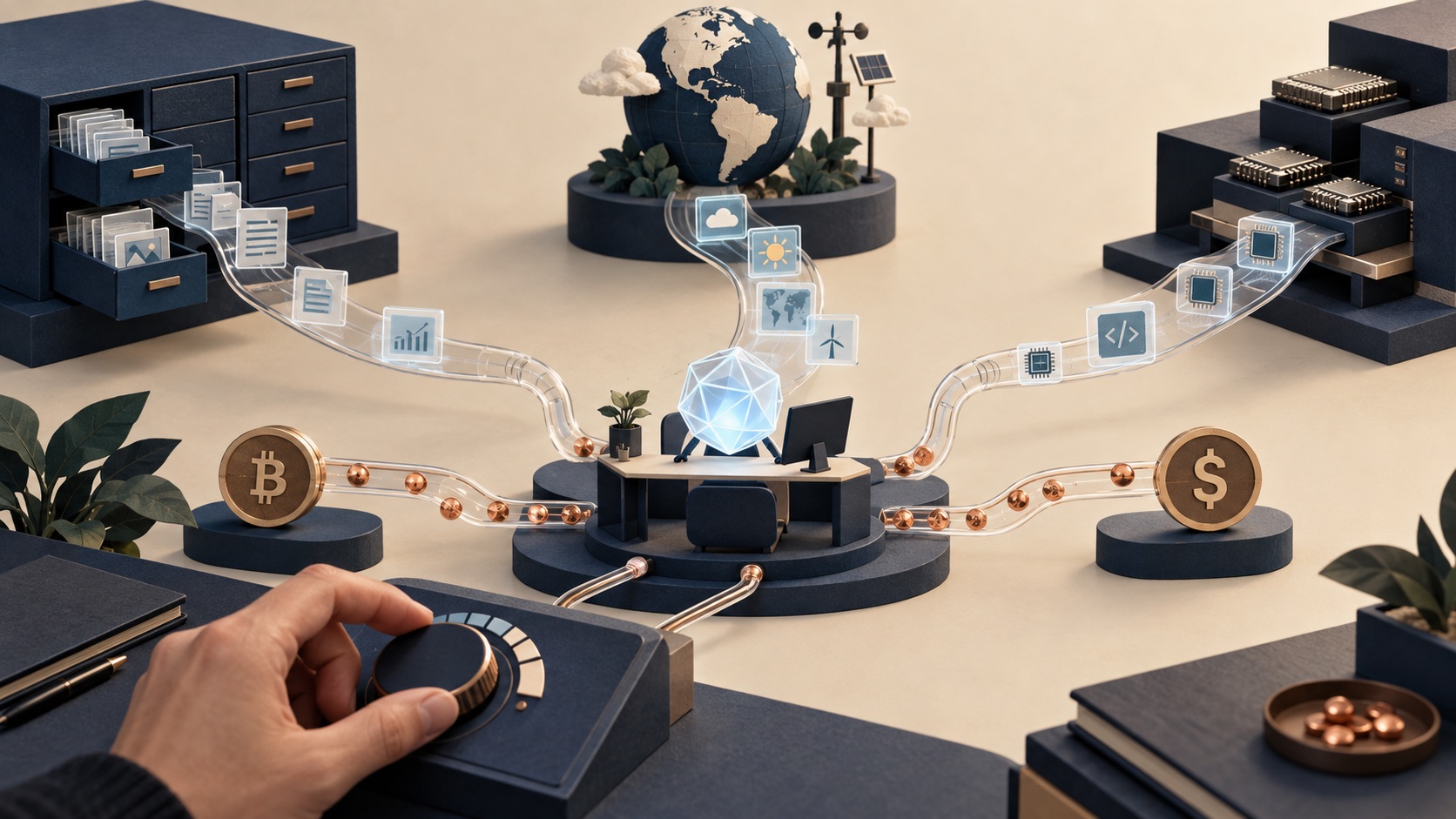 A budget-controlled AI agent connects to data and computing suppliers with Bitcoin and dollar payment routes shown as alternatives