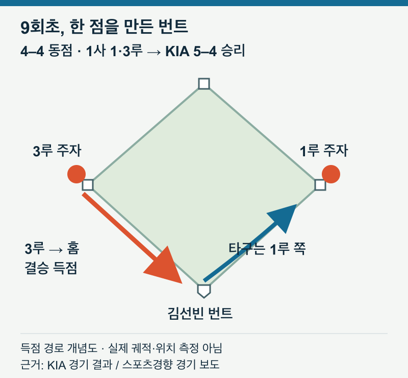 9회초 4대4, 1사 1·3루에서 타구가 1루 방향으로 향하고 3루 주자가 홈으로 들어오는 개념도