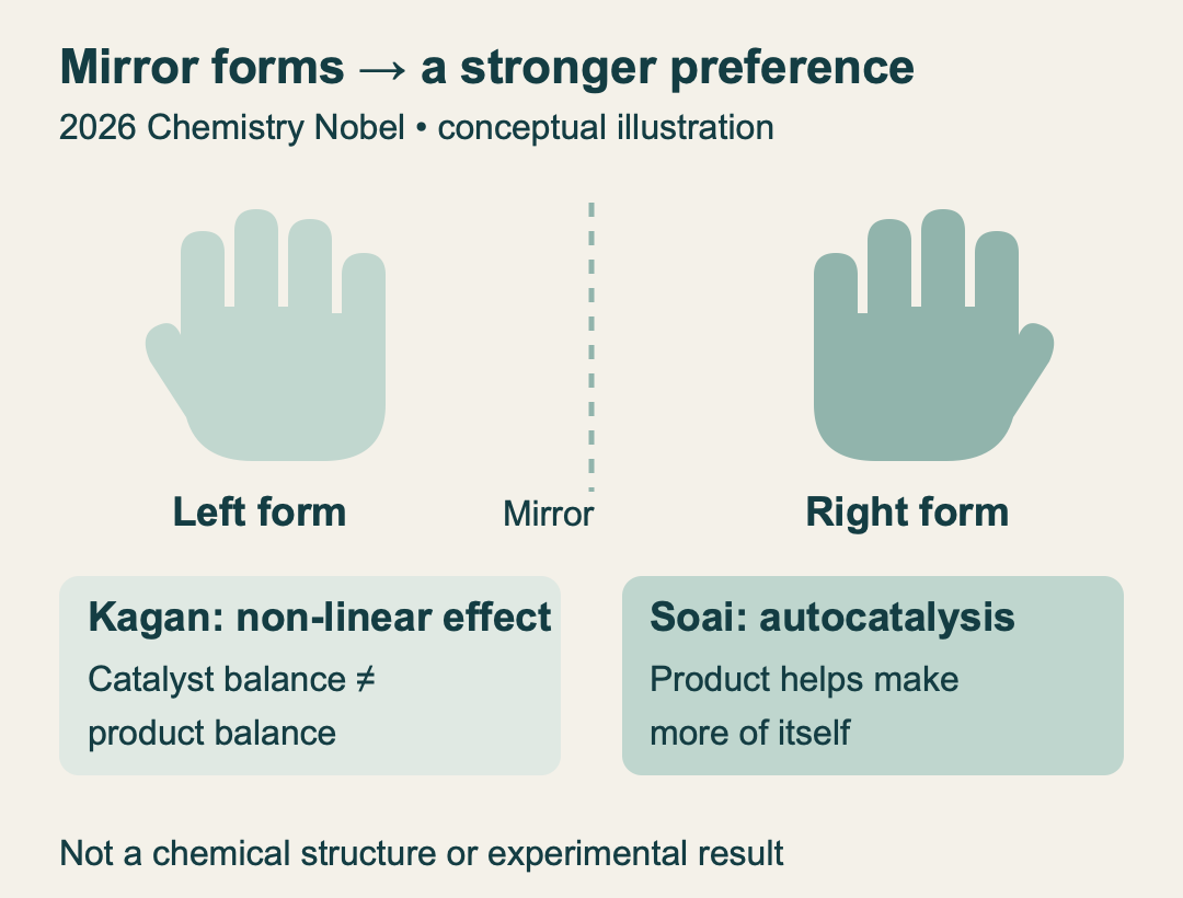 Two mirror forms can differ in handedness. Kagan studied non-linear amplification of preference; Soai’s product catalysed further production. This is a conceptual diagram, not an experiment.