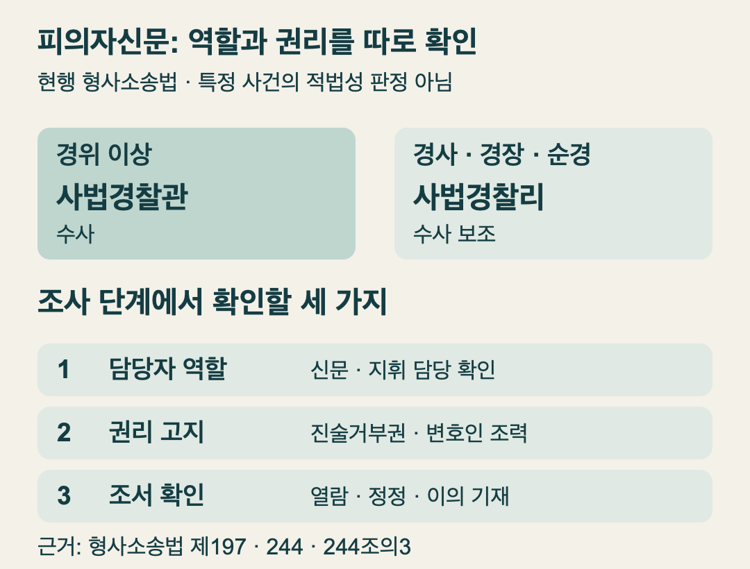 경위 이상은 사법경찰관, 경사·경장·순경은 수사 보조. 권리 고지와 변호인 조력, 조서 열람·이의 기재를 따로 확인한다.