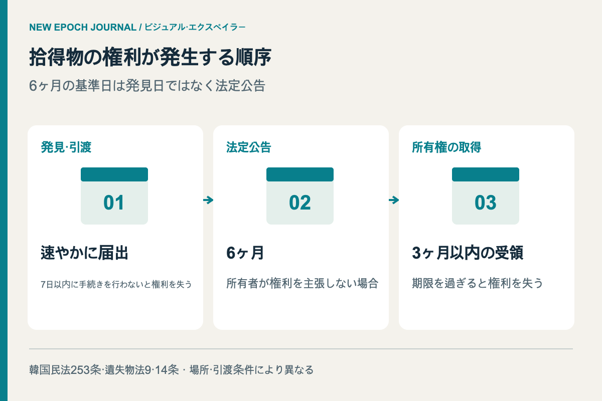 拾得した金銭に権利が発生する順序。発見・引渡し — 迅速な届出 — 7日以内の手続き不履行で権利喪失; 法定公告 — 6ヶ月 — 所有者が権利を主張しない場合; 所有権取得 — 3ヶ月以内の受領 — 期限を過ぎると権利喪失