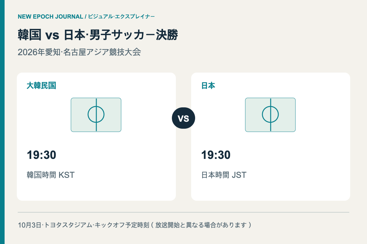 韓国対日本・男子サッカー決勝。大韓民国 — 19:30 — 韓国時間KST;日本 — 19:30 — 日本時間JST