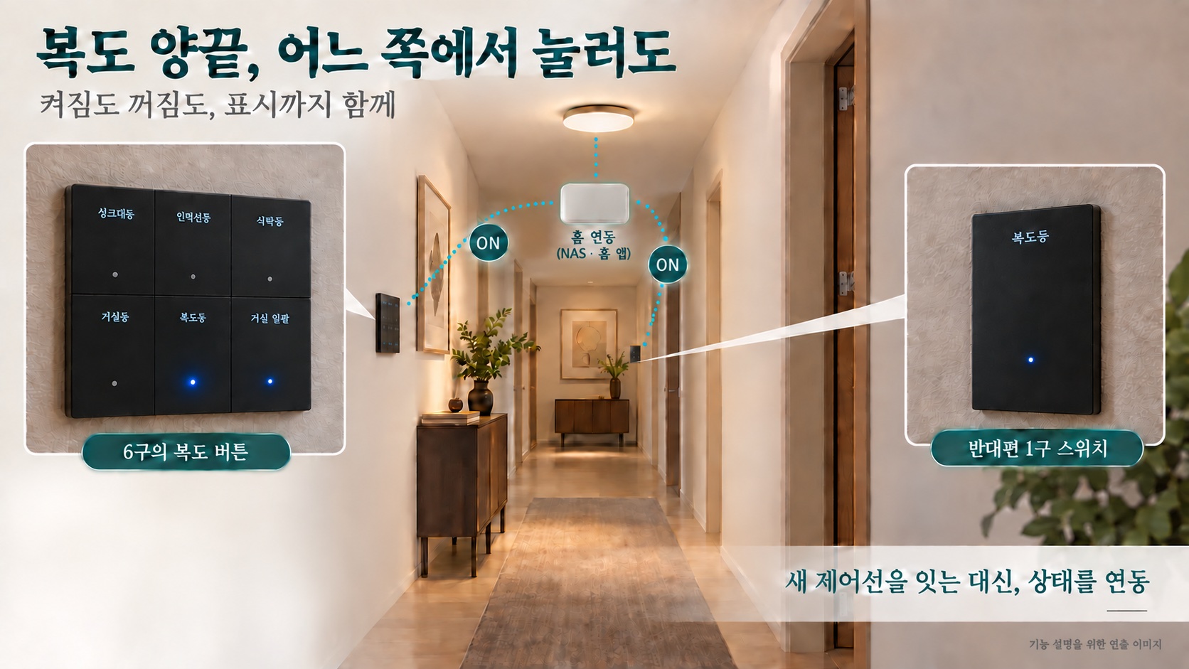복도 입구의 6구 버튼과 반대편 1구 스위치가 같은 조명과 파란 상태 표시를 공유하는 개념도